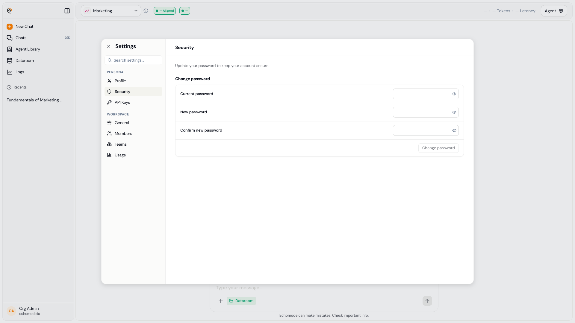 The Security settings panel