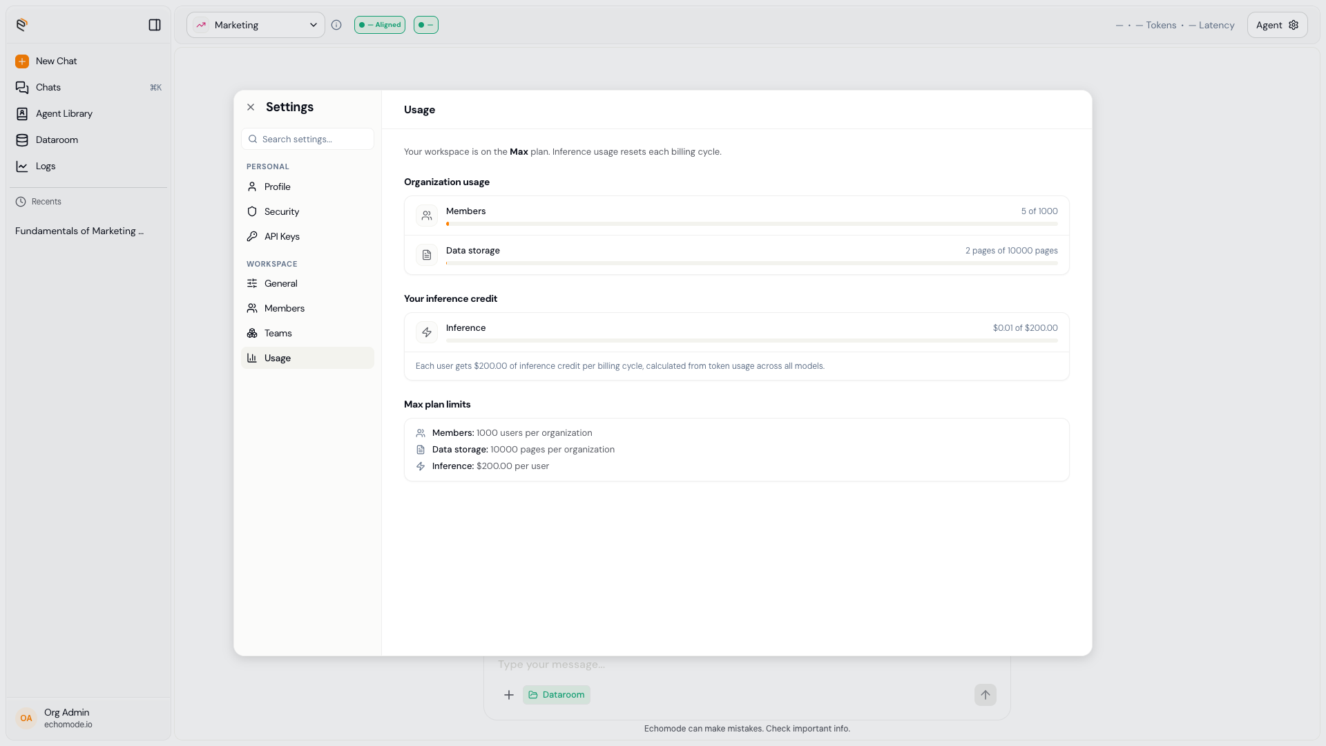 The Usage settings panel