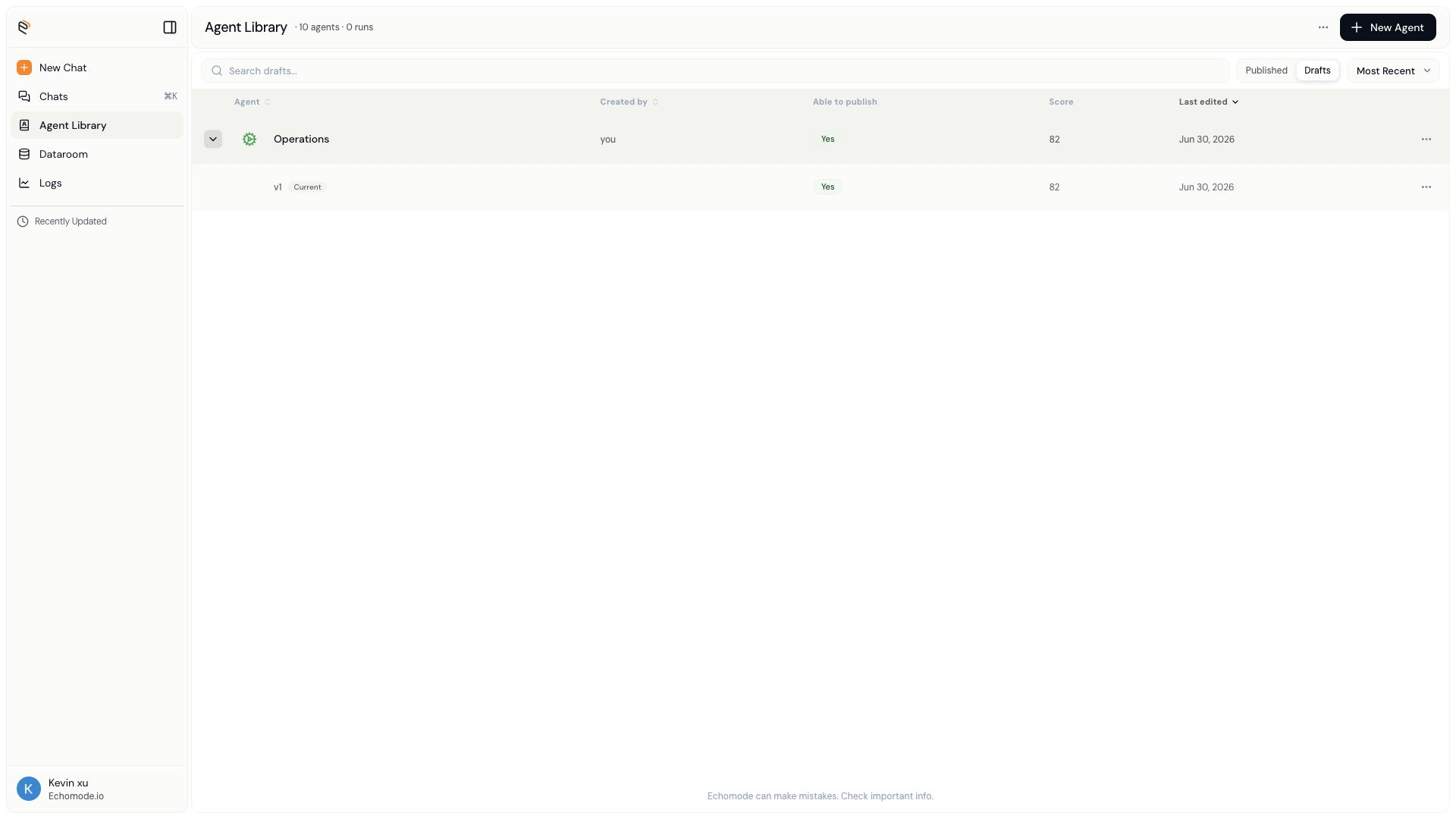 The Drafts tab with an expanded version ladder