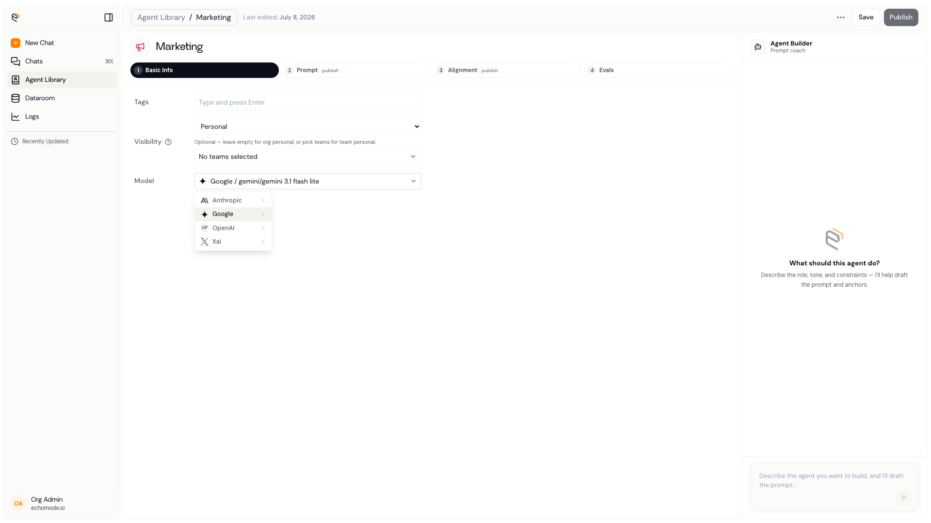 The model selector in the Agent settings panel