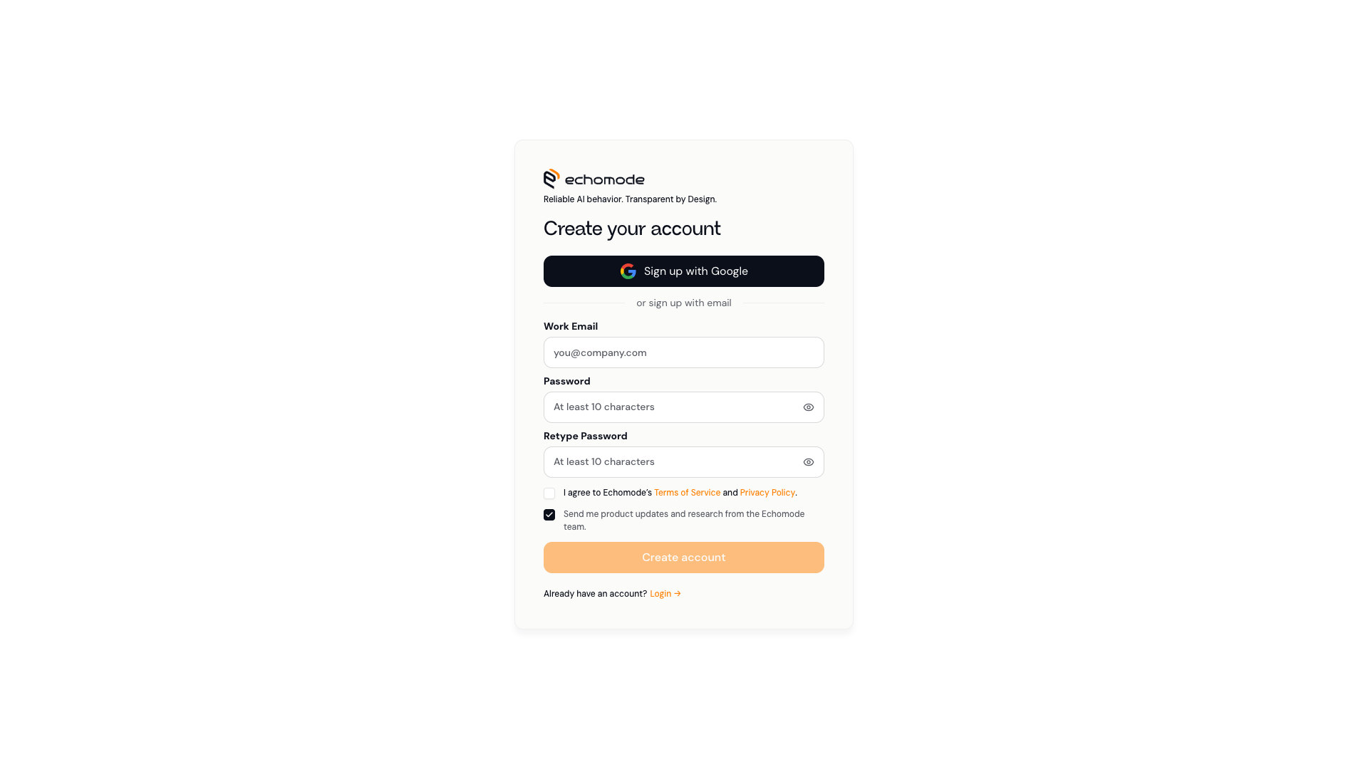 EchoMode sign-up screen