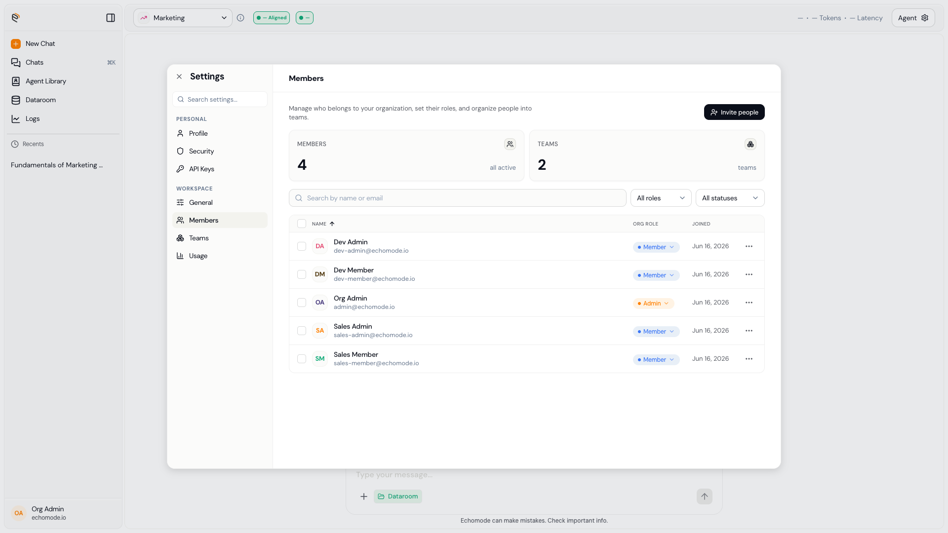 The Members settings panel